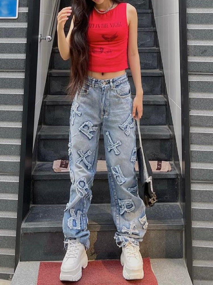 Women Low Waist Ripped Jeans Y2K Wide Leg Baggy Cargo Jeans Vintage Printed  Grunge Denim Pants Trendy Streetwear B-Blue at  Women's Jeans store